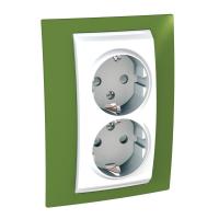 UNICA Белый/Фисташковый Розетка двойная, с заземлением, со шторками