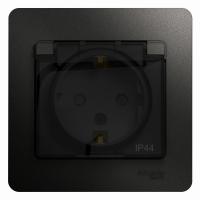 GLOSSA Антрацит Розетка с/з со шторками,с крышкой, IP44, в сборе