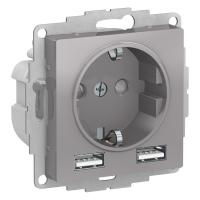 AtlasDesign Алюминий Розетка 16А c 2 USB A+A, 5В/2,4А, 2х5В/1,2А, механизм, 
