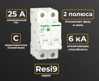 RESI9 Автоматический выключатель (АВ) С 2P 25А 6000A