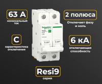 RESI9 Автоматический выключатель (АВ) С 2P 63А 6000A