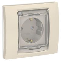 UNICA NEW Беж Розетка с/з со шторками, с крышкой, IP44