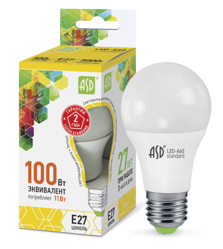 Лампа светодиодная LED-A60-standard 11Вт 230В Е27 3000К 990Лм ASD
