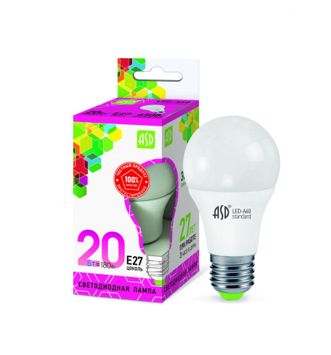 Лампа светодиодная LED-A60-std 20Вт 230В  Е27 6500К 1800Лм ASD